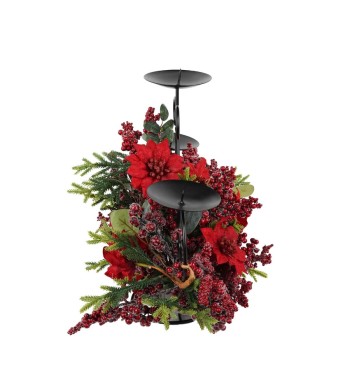 Candelabro con Bacche, Foglie e Stella di Natale H.50 cm