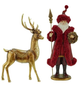 Babbo Natale con Renna Oro in Resina H.38/32 cm Set 2 Pz