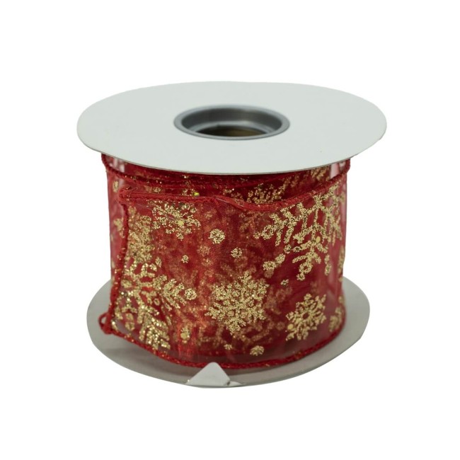 Nastro Natalizio Rosso con fiocchi di Neve Oro 6 cm x 4 mt