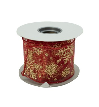 Nastro Natalizio Rosso con fiocchi di Neve Oro 6 cm x 4 mt
