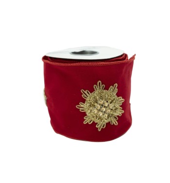 Nastro Natalizio in Velluto Rosso con Decoro Oro 10 cm x 5 m