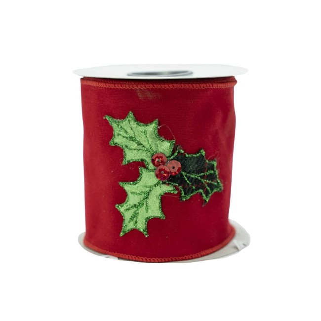 Nastro Natalizio in Velluto con Agrifoglio 10 cm x 5 m