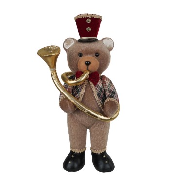 Orsetto Natalizio con Tromba in Uniforme Tartan H.45 cm