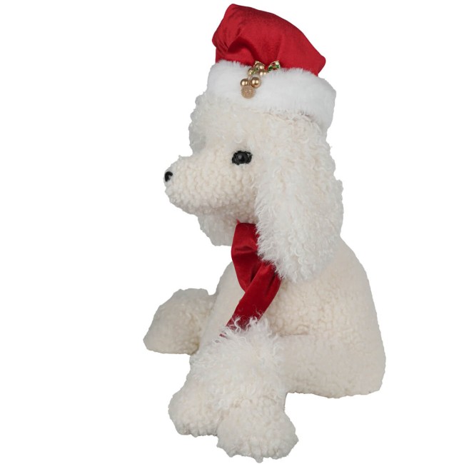Barboncino Natalizio Bianco con Cappello e Sciarpa H.37 cm
