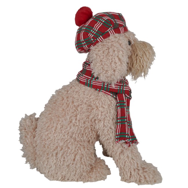 Golden Doodle Natalizio con Cappello e Sciarpa Tartan H.48 cm