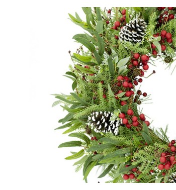 Ghirlanda Natalizia con Bacche Rosse e Pigne D.75 cm in PE