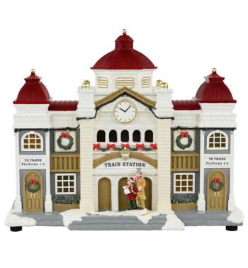 Stazione Ferroviaria Natalizia con Luci in Resina H.27 cm