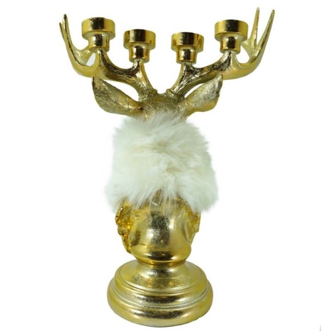 Renna Candelabro di Natale Oro e Bianco in Resina H.53 cm