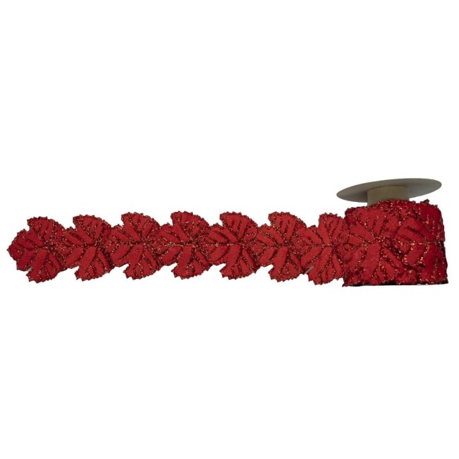 Nastro Natalizio in Velluto Rosso con Foglie 10 cm x 5 mt