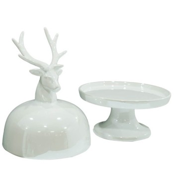 Alzatina Natalizia con Testa di Renna in Ceramica Bianca o Grigia H.31 cm