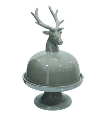 Alzatina Natalizia con Testa di Renna in Ceramica Bianca o Grigia H.31 cm