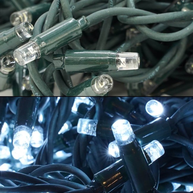 Serie di Luci da 10 metri con 135 Led Bianco Freddo + 15 Flash, Cavo in Caucciù Verde Professionale, Connettibile, Uso Esterno