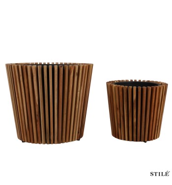 Set 2 Vasi in Legno di Acacia con Doghe Verticali