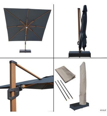 Ombrellone Decentrato in Alluminio Effetto Legno 350X350 cm - Soleil Wood